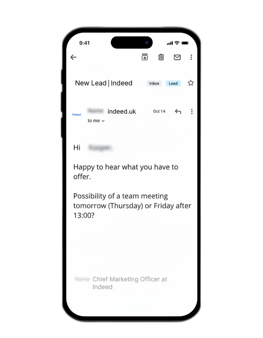 Real Indeed email conversation showing successful connection